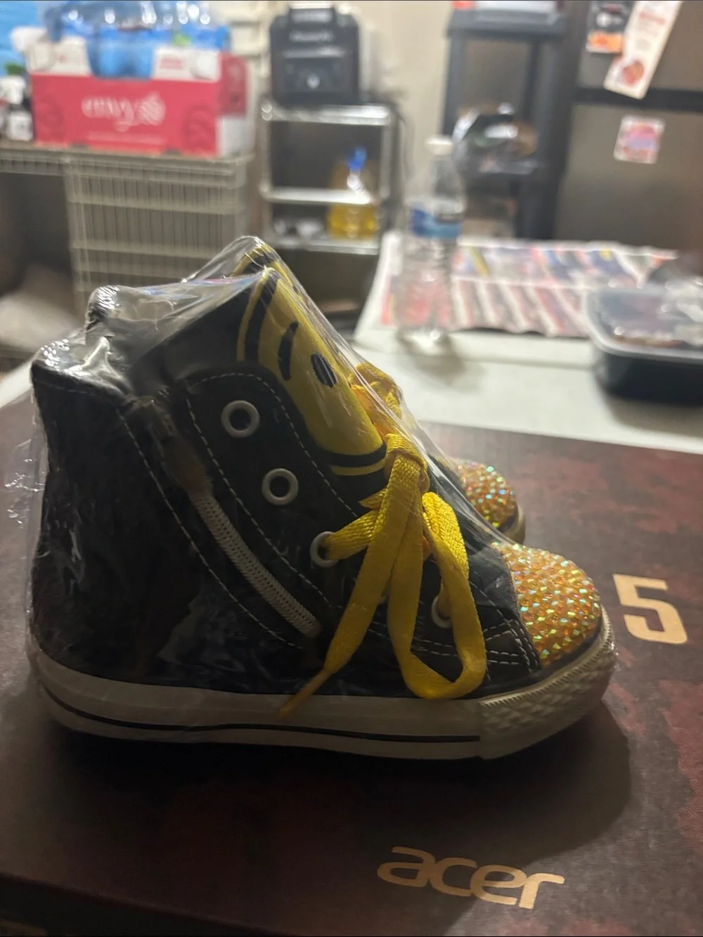 Kids Yellow Emoji High-Top converse Sneakers with Rhinestone Toes